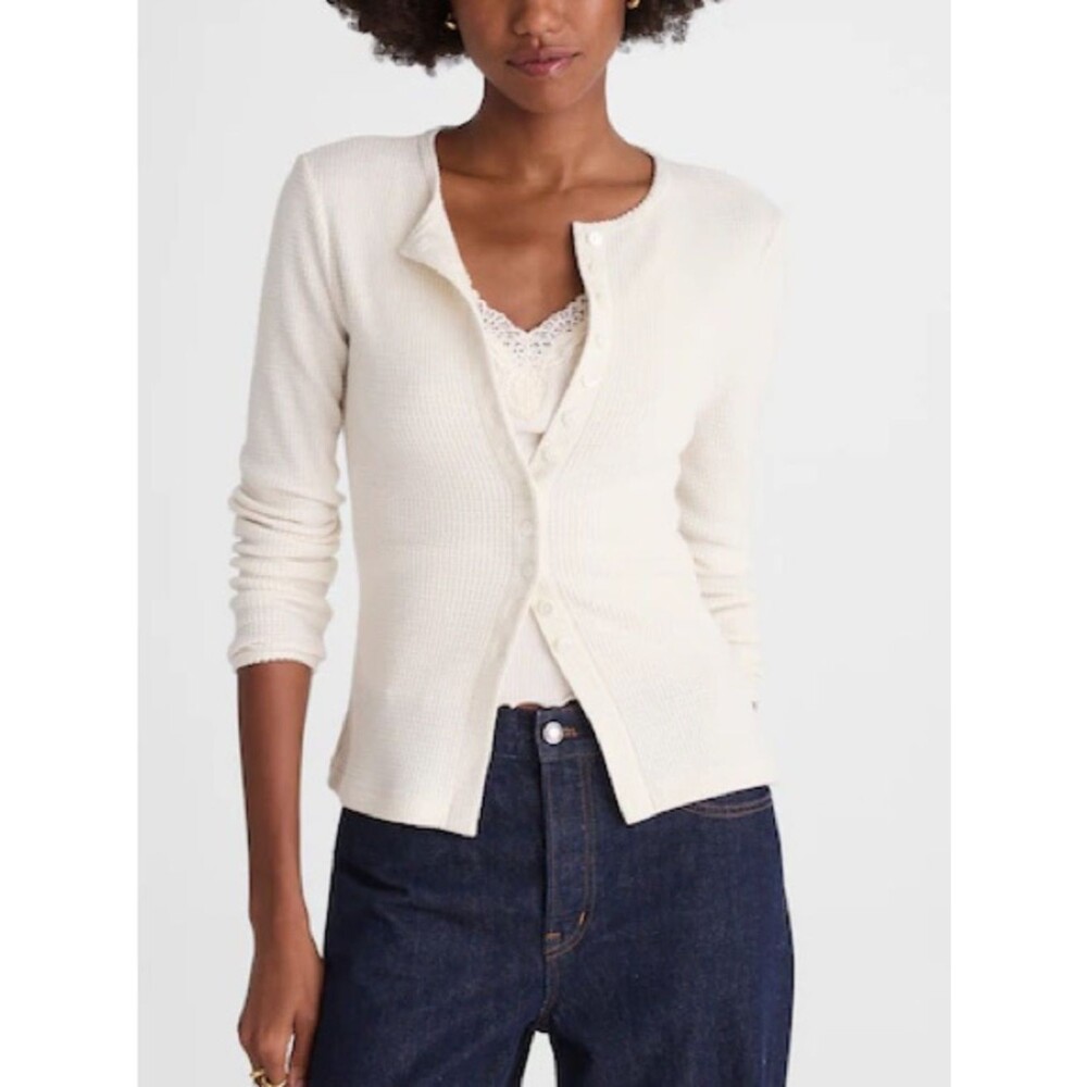 Madewell NWT Waffle-Knit Cutaway Crewneck Cardigan Minimalist Cream Button Top